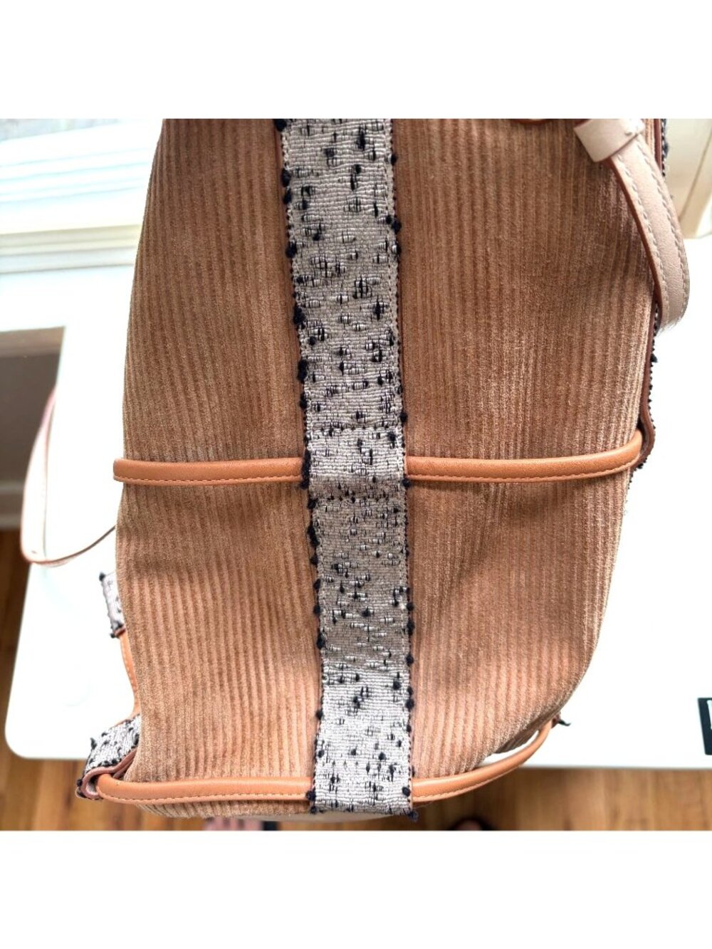 Ulla Johnson Willow Small Drawstring Bucket Bag Corduroy Tweed Tan Crossbody - Picture 7 of 11